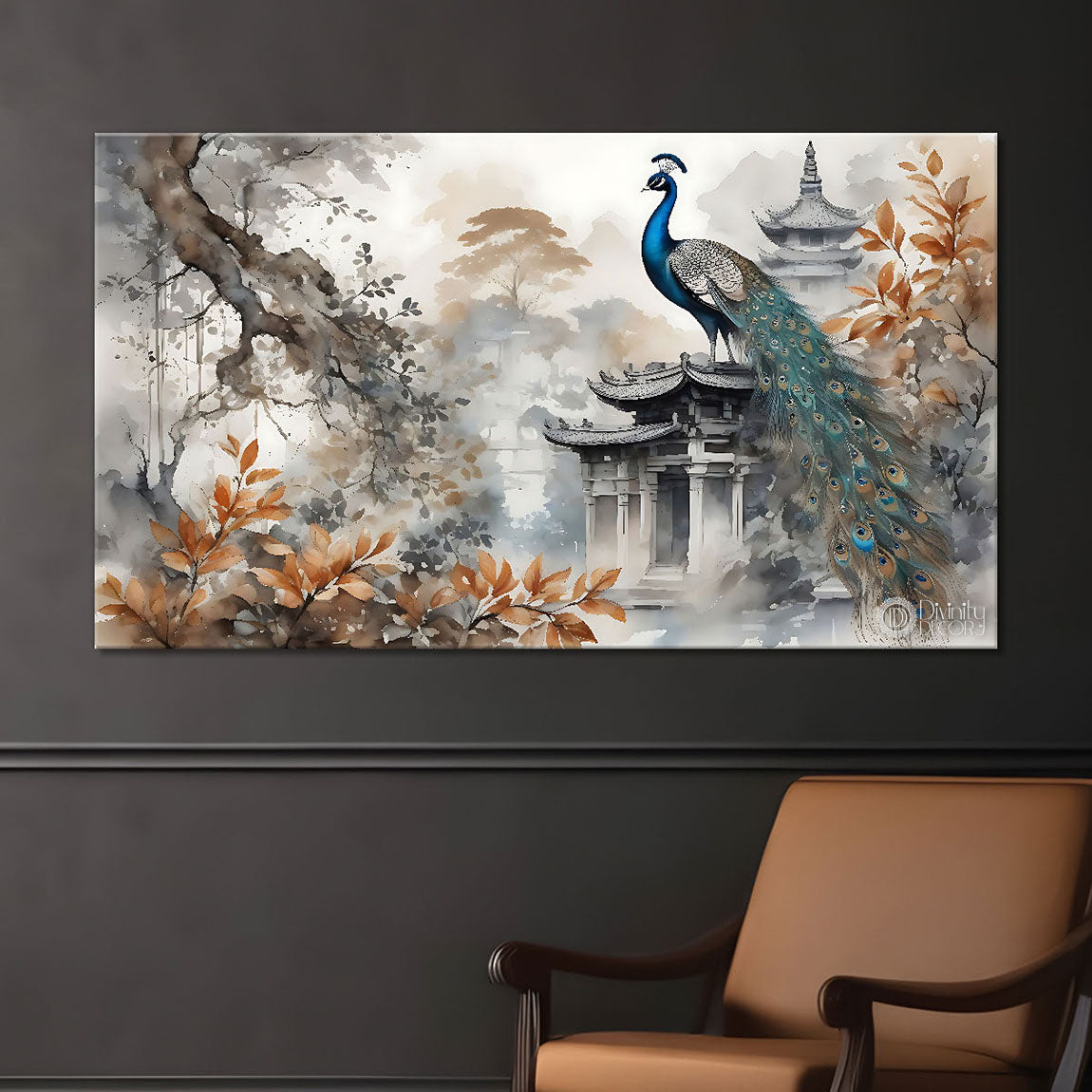 Peacock with grey textured background Canvas Painting - Design - Peacock-9