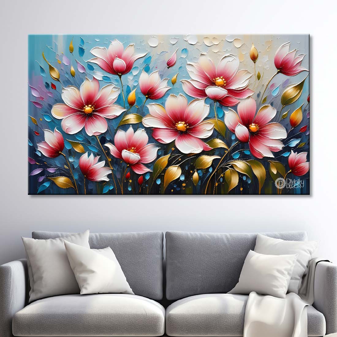 Pink flower with blue textured background painting- Design - Flower-90