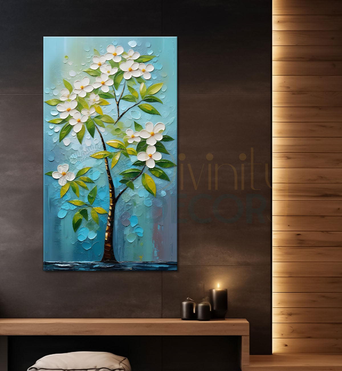 White flowers in blue textured background painting - Flower-V-90