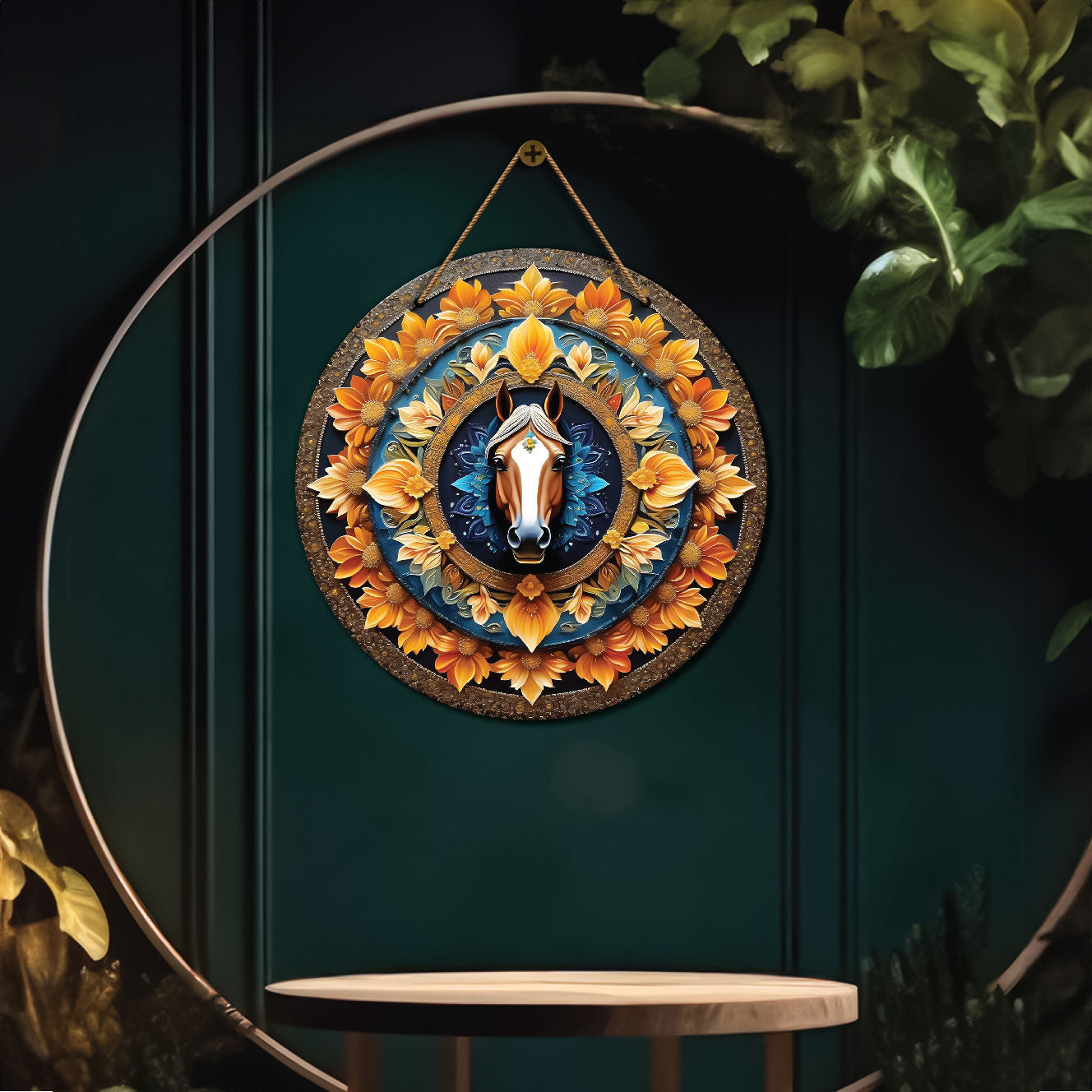 Horse in floral and blue mandala Round Wooden Wall Hanging for wall Décor - Design - 90
