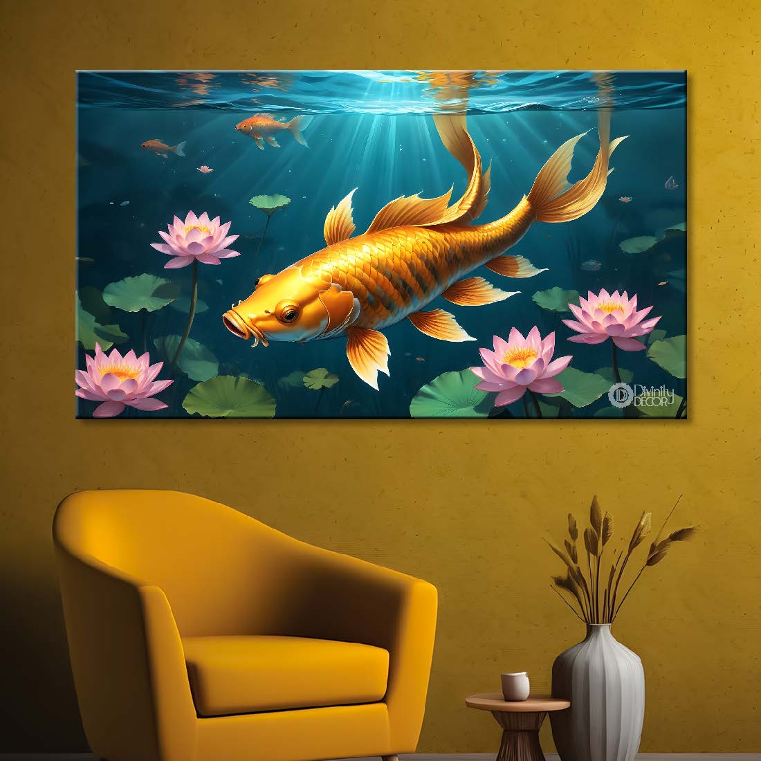 Gold fish in the pond with lotus in textured art. - Design - Animal - 90