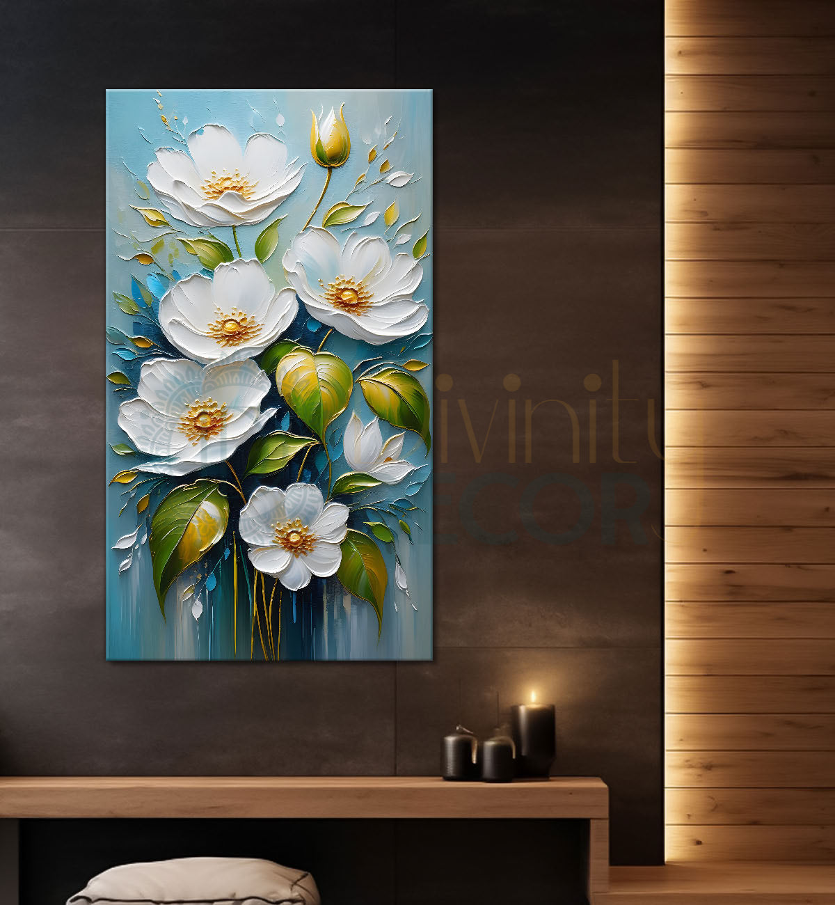 White flowers in blue textured background painting - Flower-V-91
