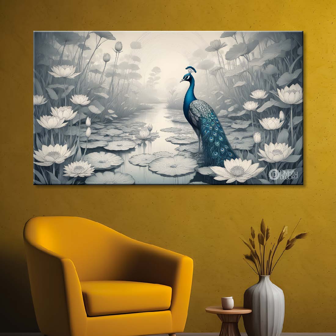 Peacock with white flowers in fog background textured art. - Design - Animal -91