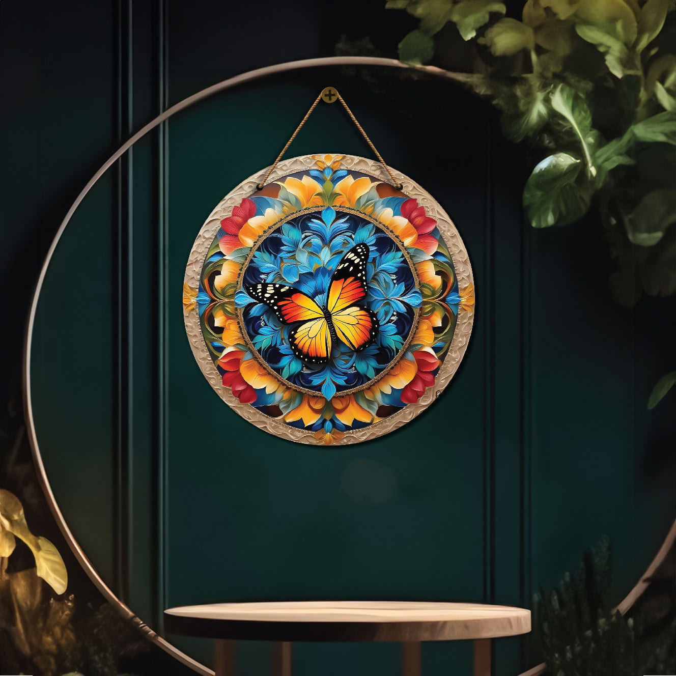 Yellow butterfly in blue and yellow mandala Round Wooden Wall Hanging for wall Décor - Design - 91