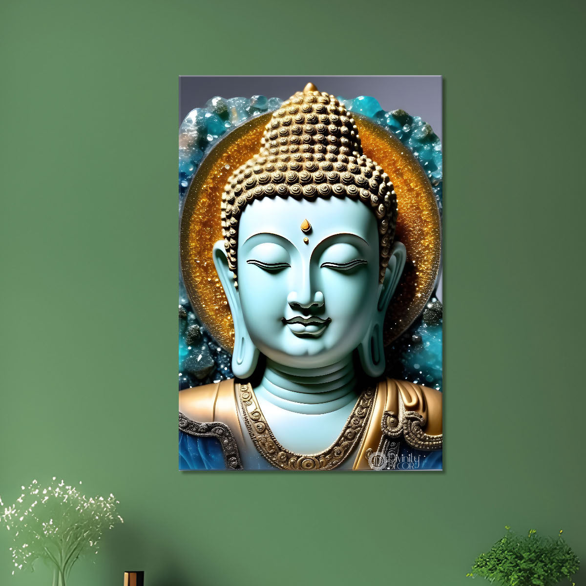 Sky blue buddha with yellow chakra background painting - Buddha-V-92