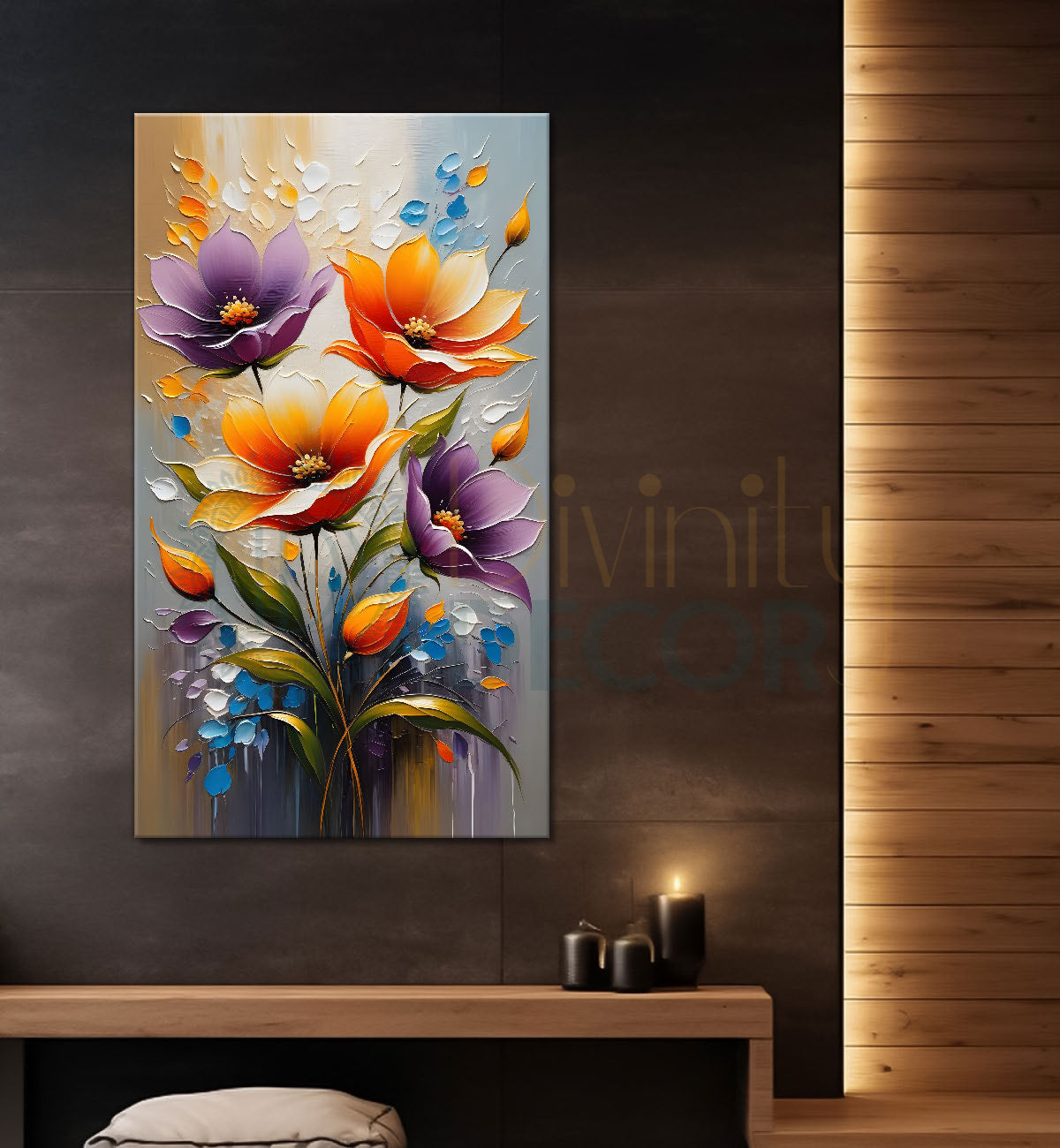 Colourful flowers in grey textured background painting - Flower-V-92