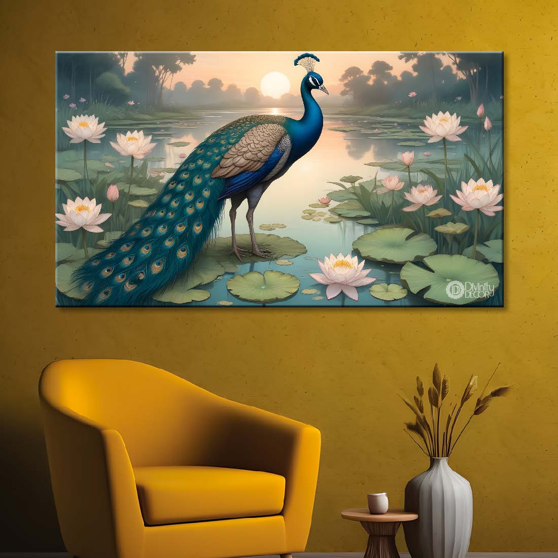 Peacock on the pond in a fog background textured art.- Design - Animal -92