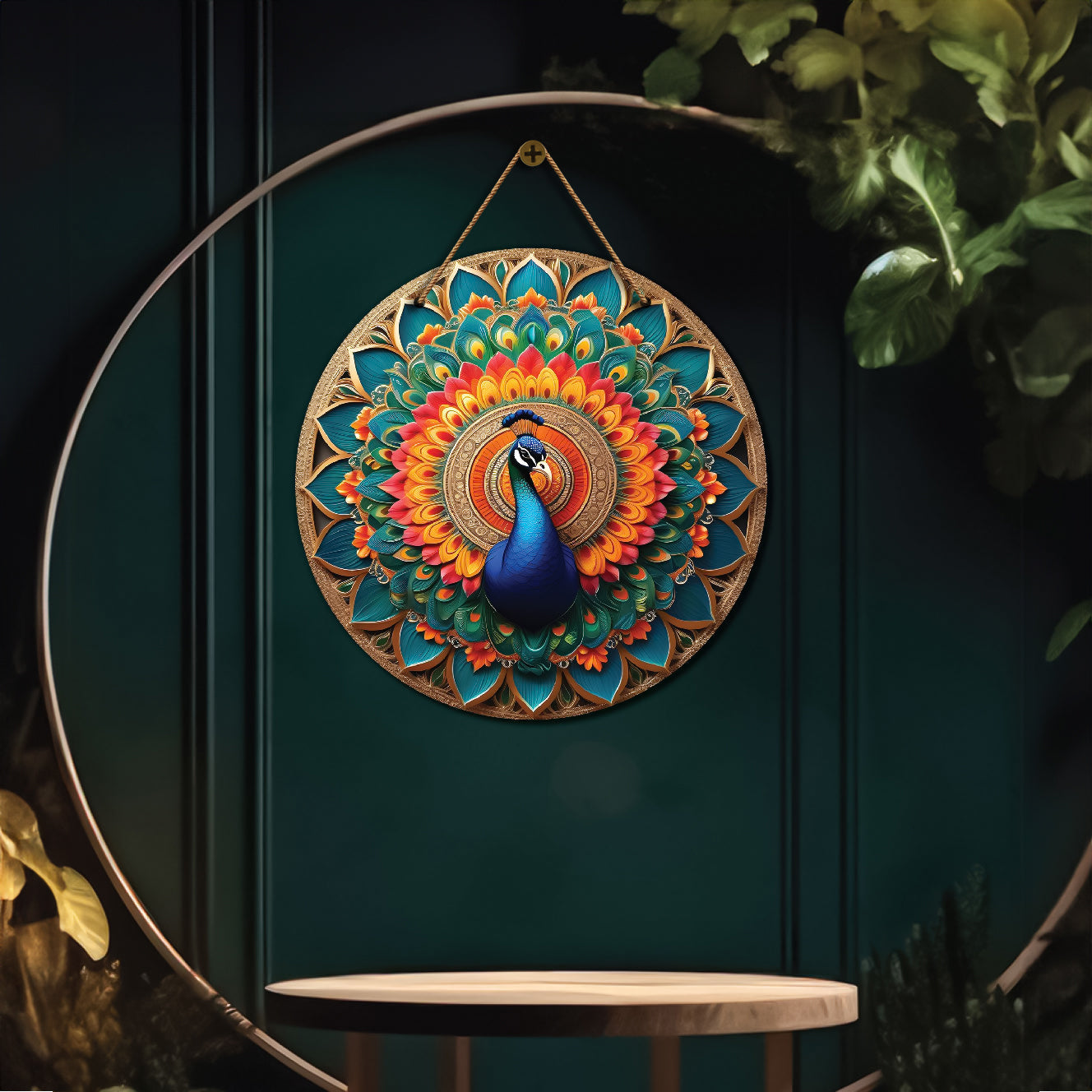 Peacock in orange and green mandala Round Wooden Wall Hanging for wall Décor - Design - 92