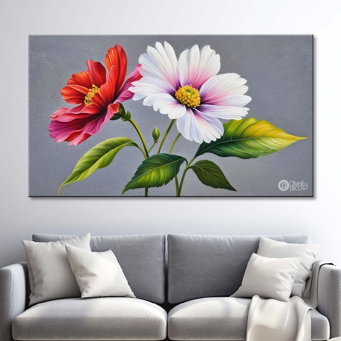 White and red flowers with grey textured background painting- Design - Flower-93