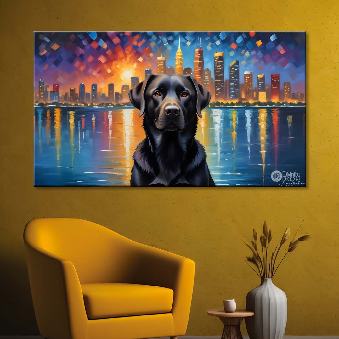 Black labra dog with colorful city background textured art. - Design - Animal - 93