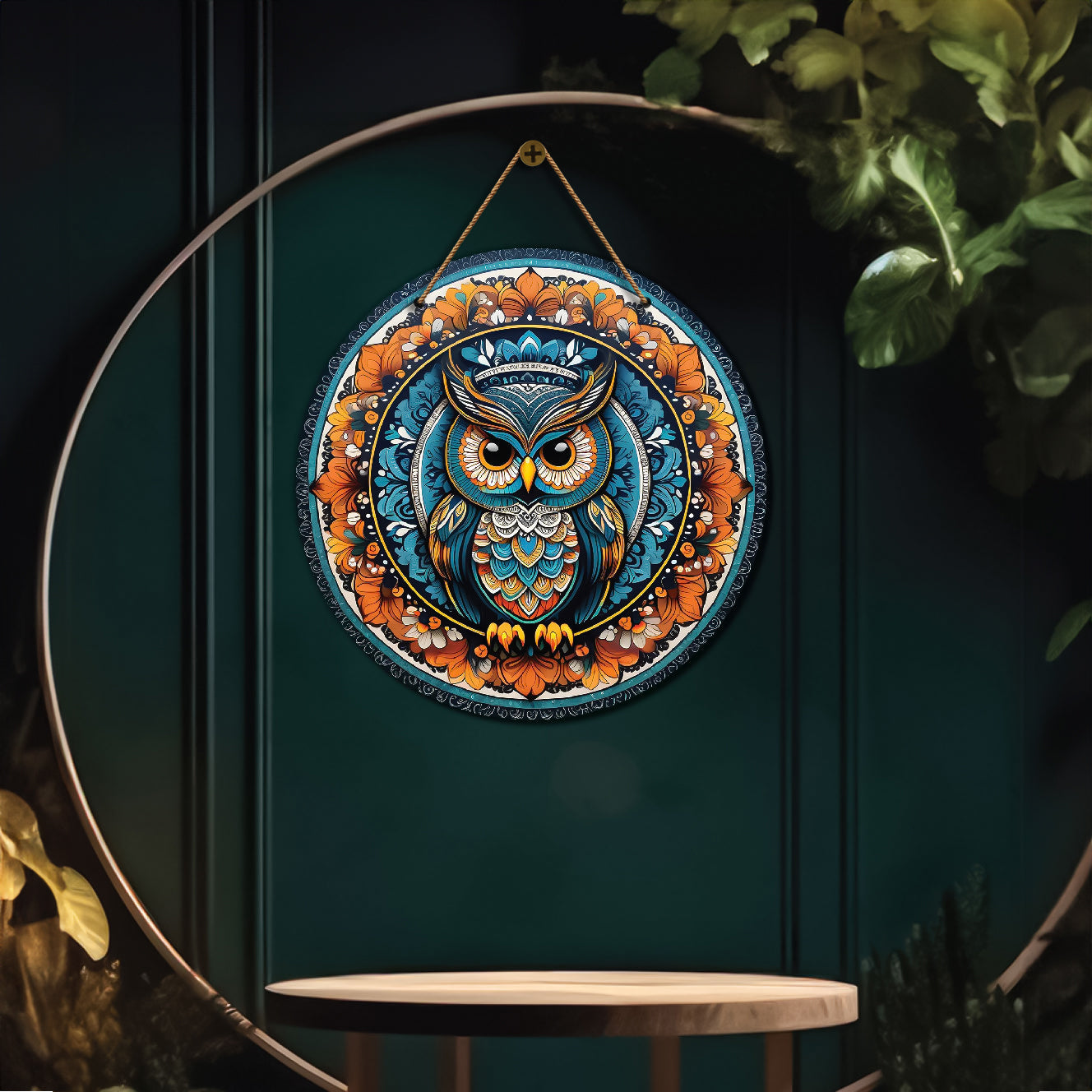 Owl in brown and blue mandala Round Wooden Wall Hanging for wall Décor - Design - 93