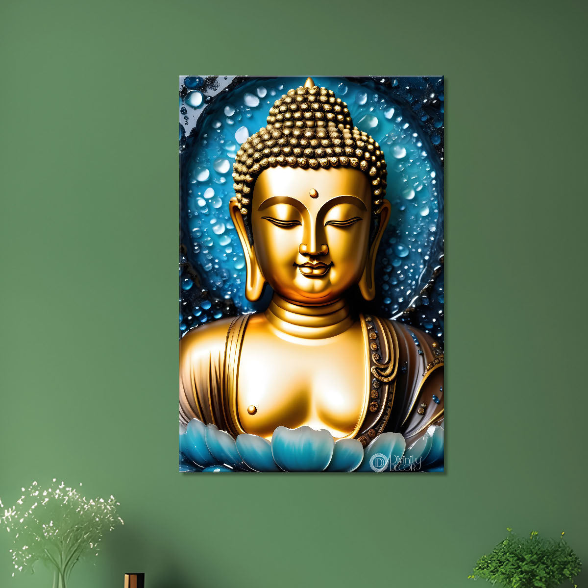 Golden buddha with blue background painting - Buddha-V-93