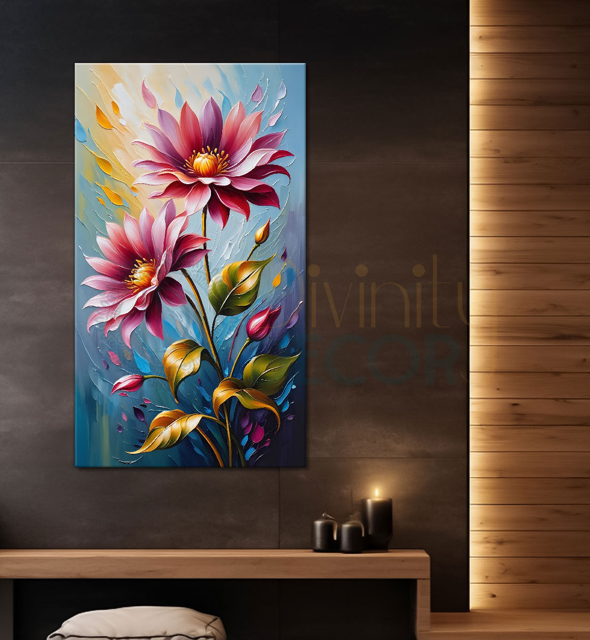 Pink flowers in blue textured background painting- Flower-V-94