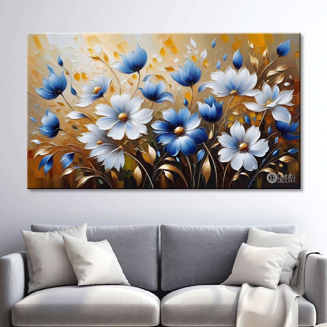 White and blue flowers with golden textured background painting- Design - Flower-95