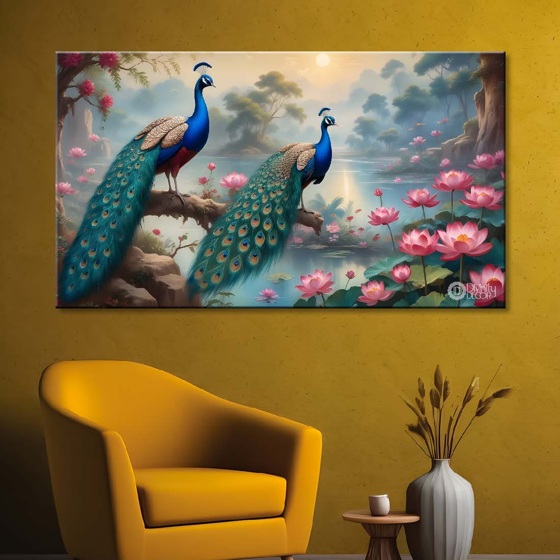 Two peacocks on the branch with lotus in textured art.- Design - Animal -95