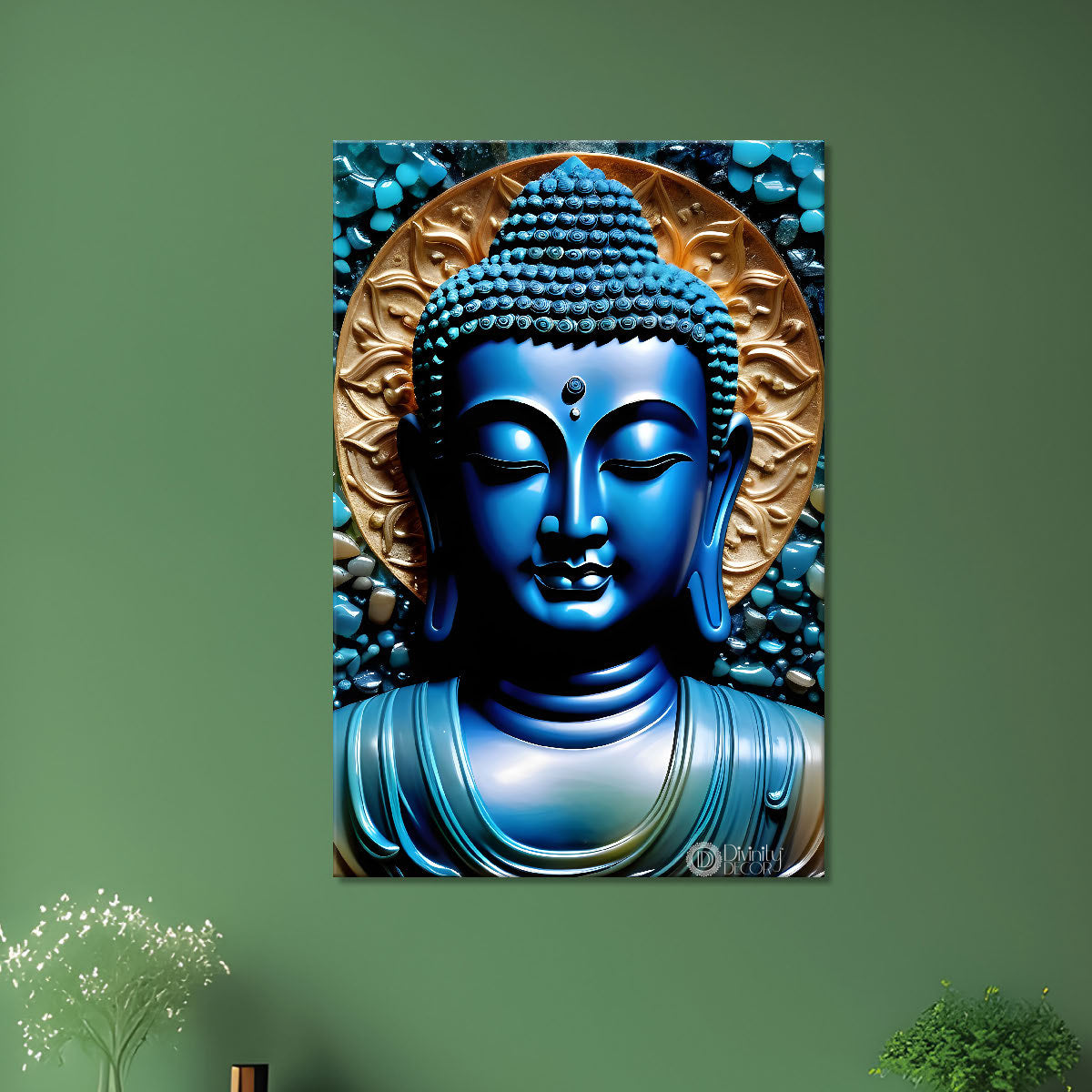 Blue buddha face with golden background textured painting - Buddha-V-95