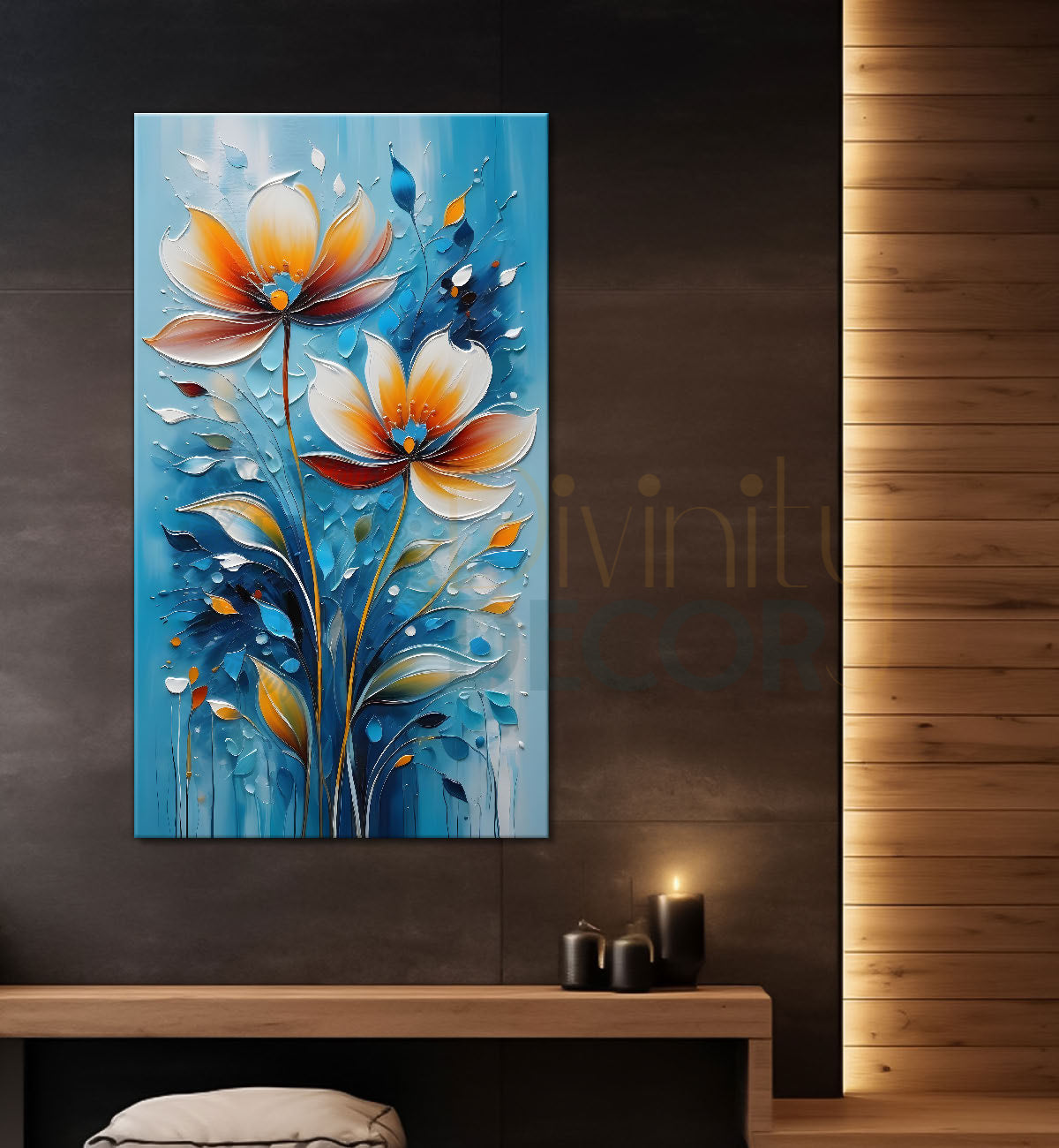 Orange flowers in blue textured background painting - Flower-V-95