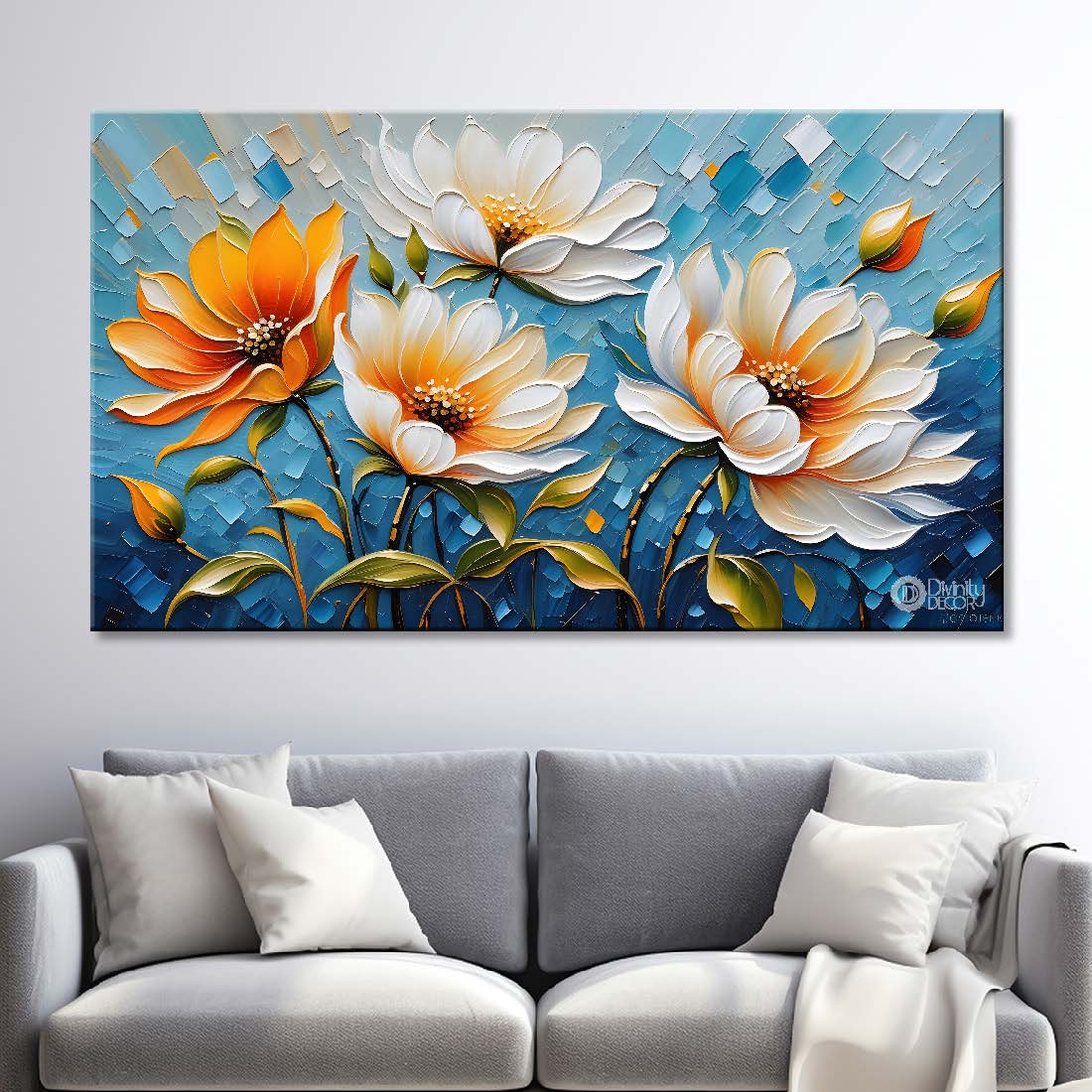 White and yellow flowers with blue textured background painting- Design - Flower-96