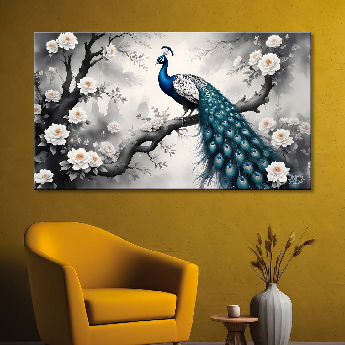 Peacock sitting on the branch with white flowers in fog background textured art.- Design - Animal -96