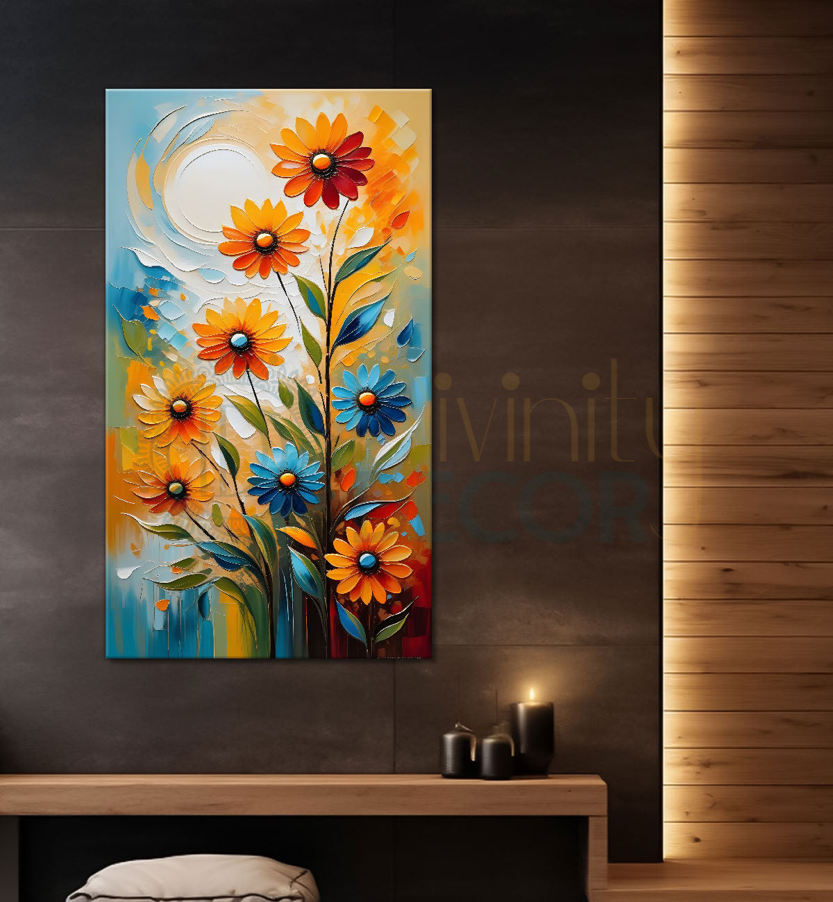 Orange flowers with sun textured painting - Flower-V-96