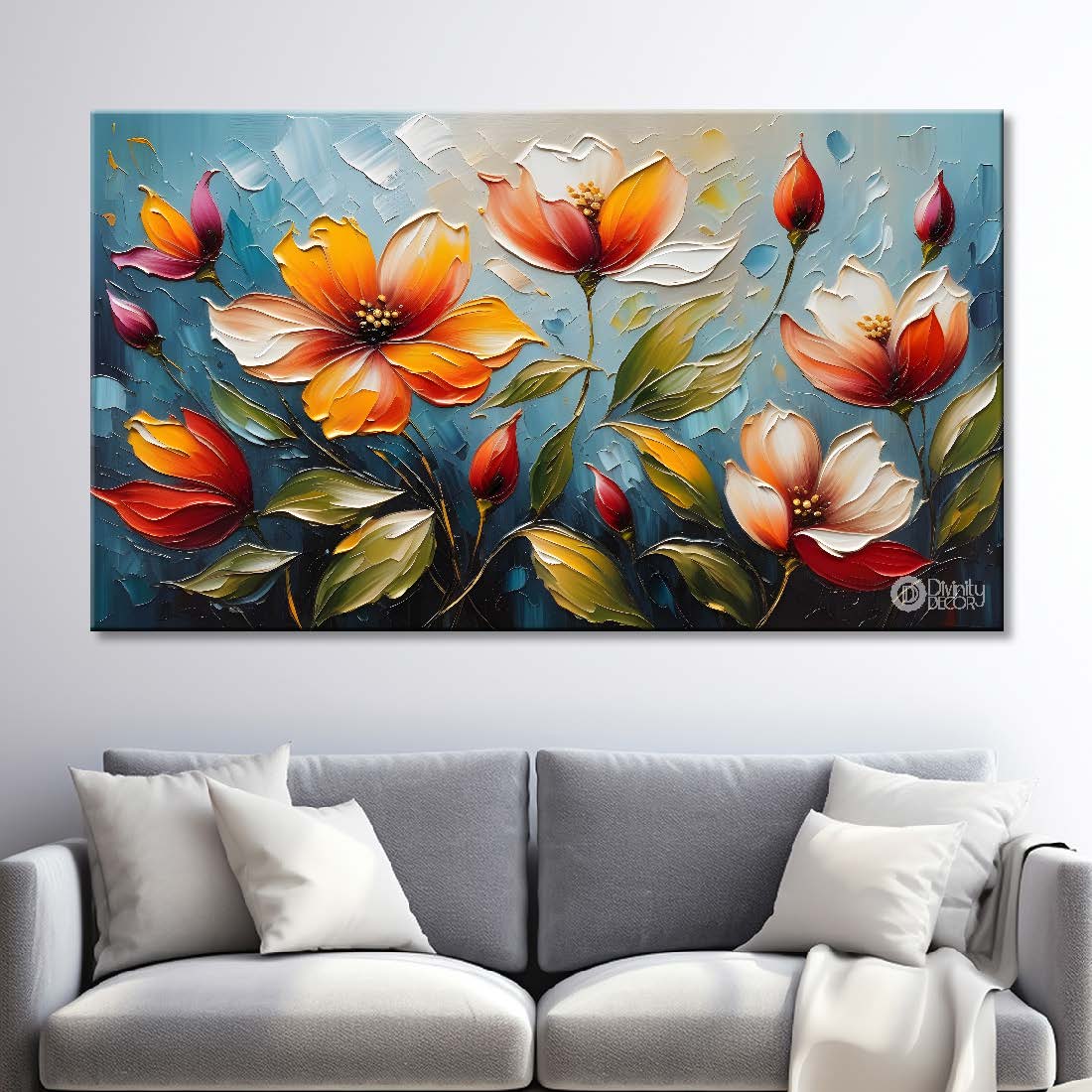 Colorful flowers with blue textured background painting- Design - Flower-97