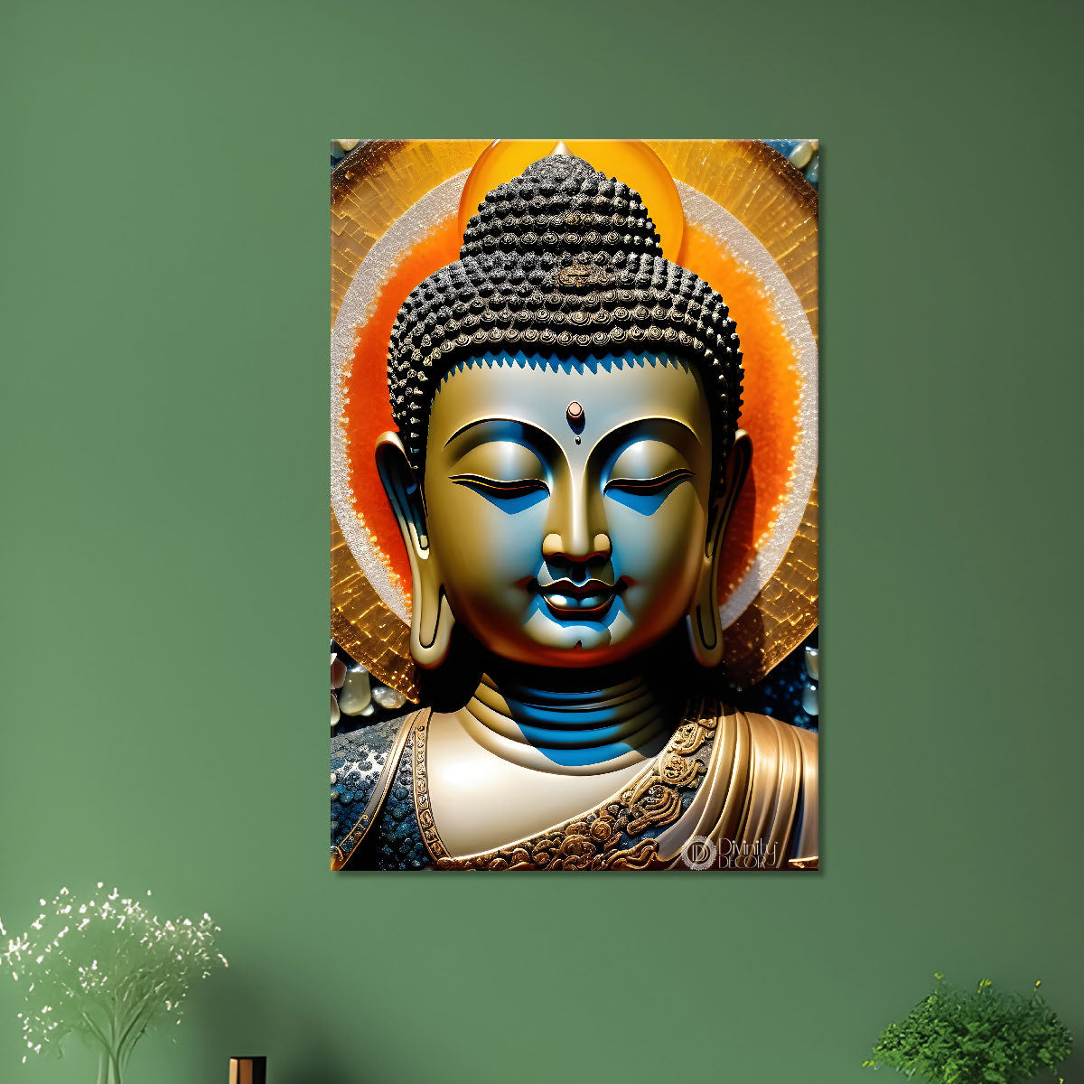 Golden buddha with orange background textured painting  - Buddha-V-97