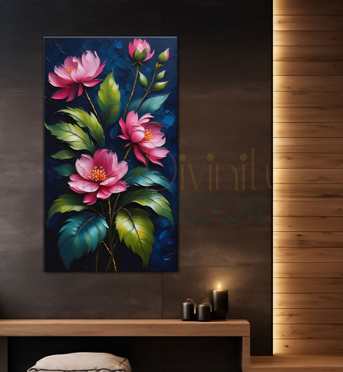 Pink flowers in navy blue textured background painting - Flower-V-97