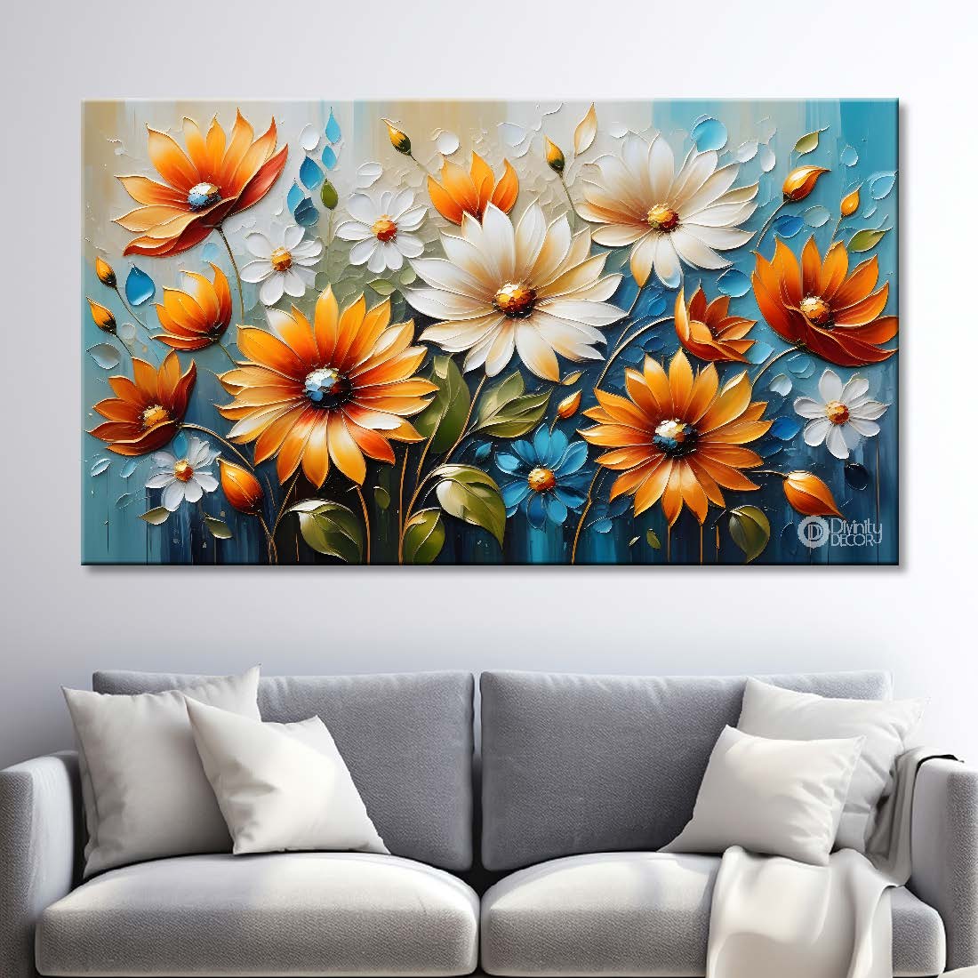 Colorful flowers with blue textured background painting- Design - Flower-98