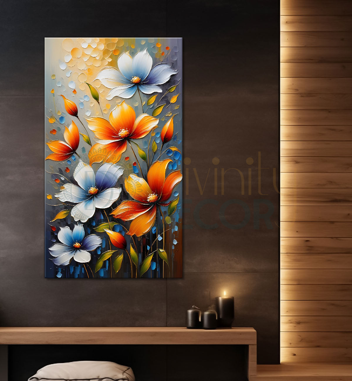 Orange and blue flowers in textured painting - Flower-V-98