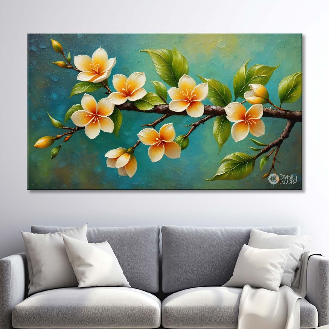 White flowers with green leaves textured painting- Design - Flower-99