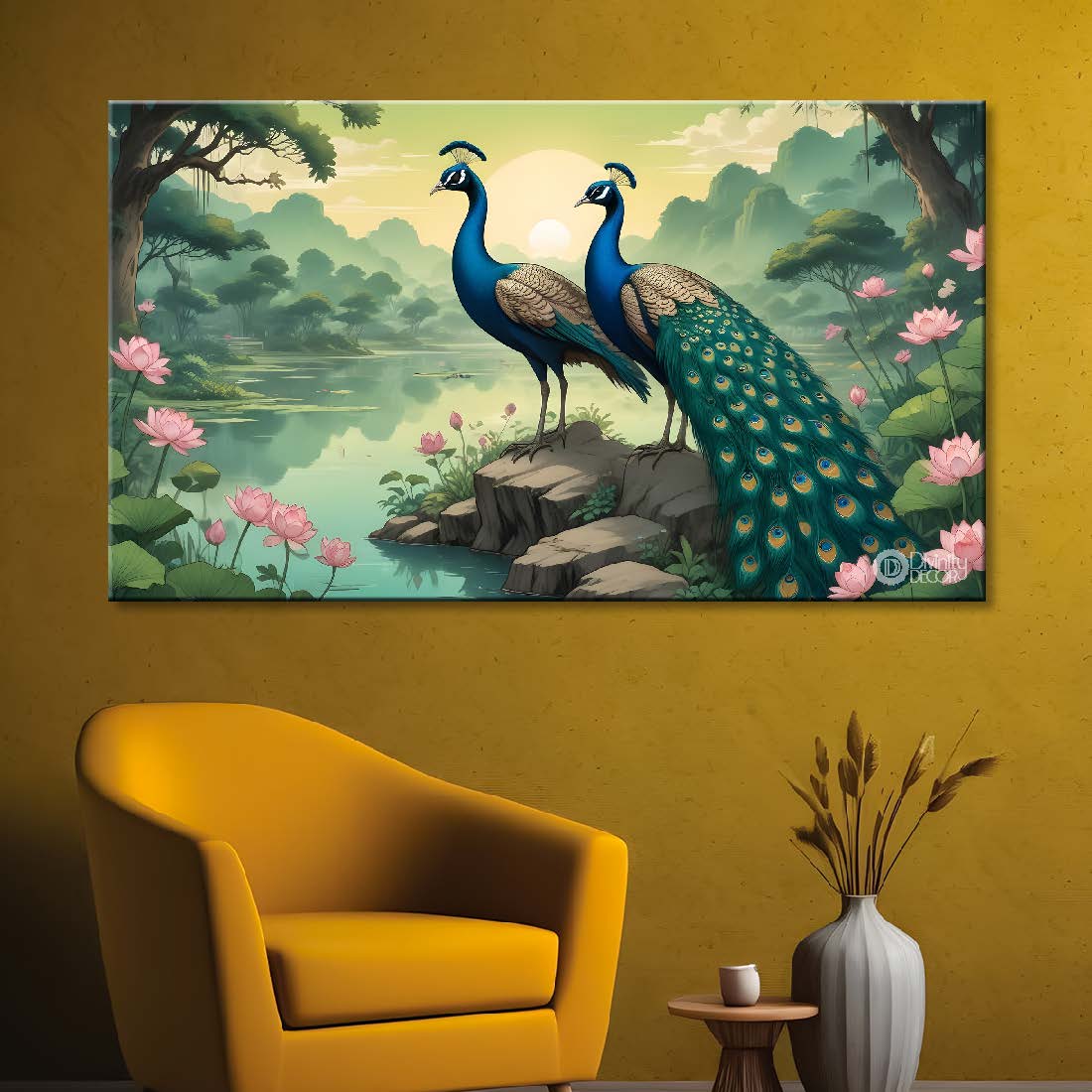 Two peacocks with lotus in green background textured art. - Design - Animal -99