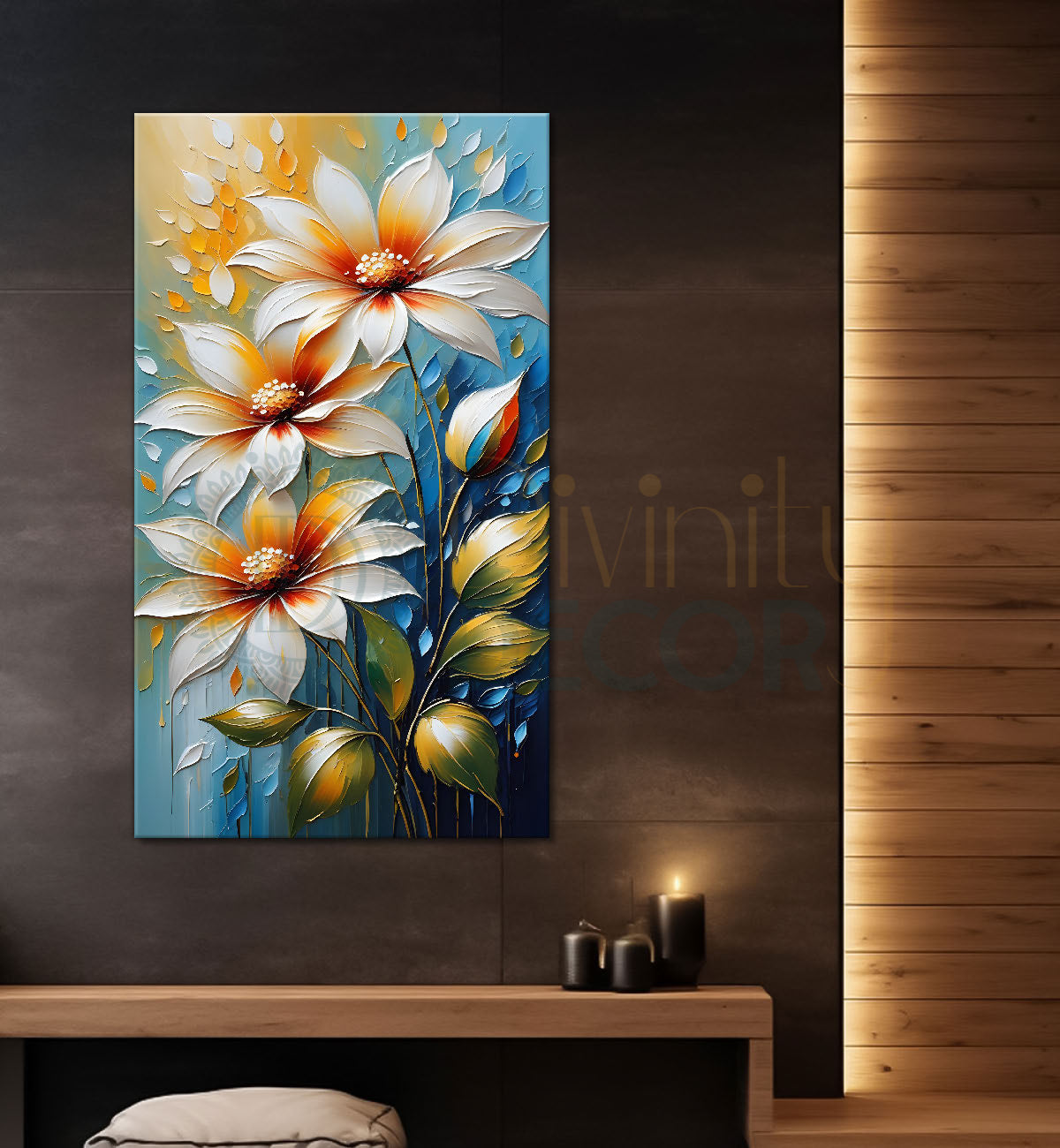 White flowers in blue textured background painting - Flower-V-99