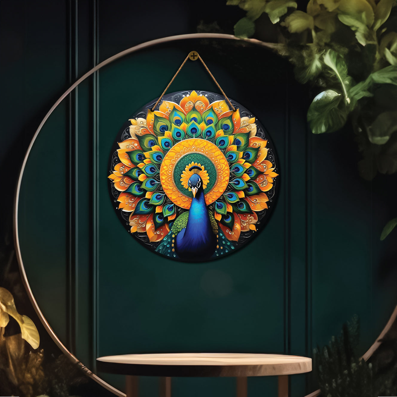 Peacock in green and yellow mandala Round Wooden Wall Hanging for wall Décor - Design - 99
