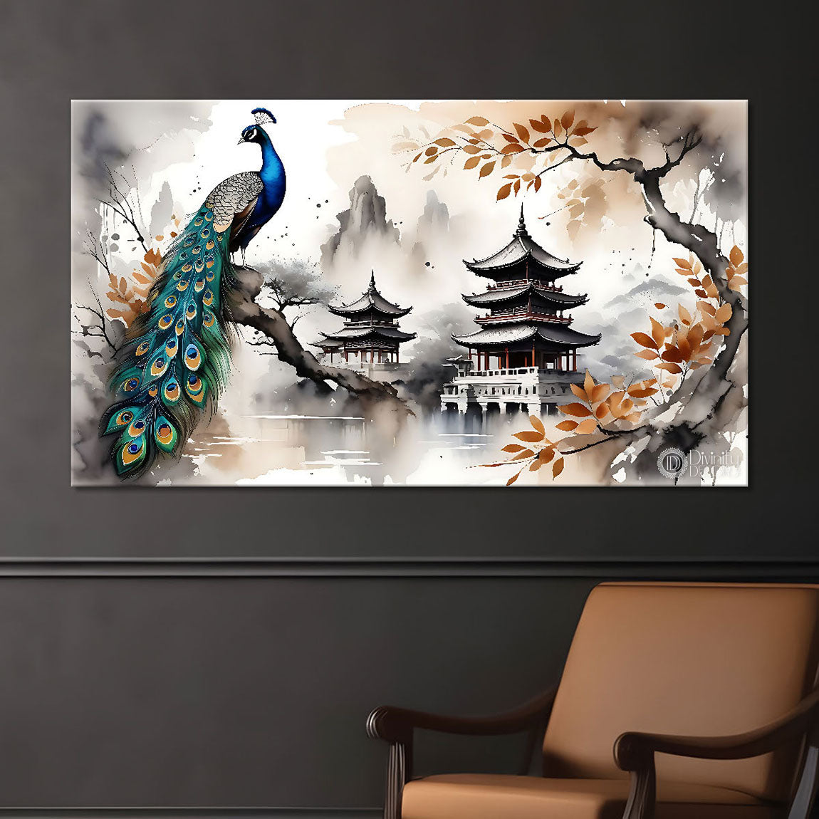 Peacock with grey textured background Canvas Painting - Design - Peacock-10