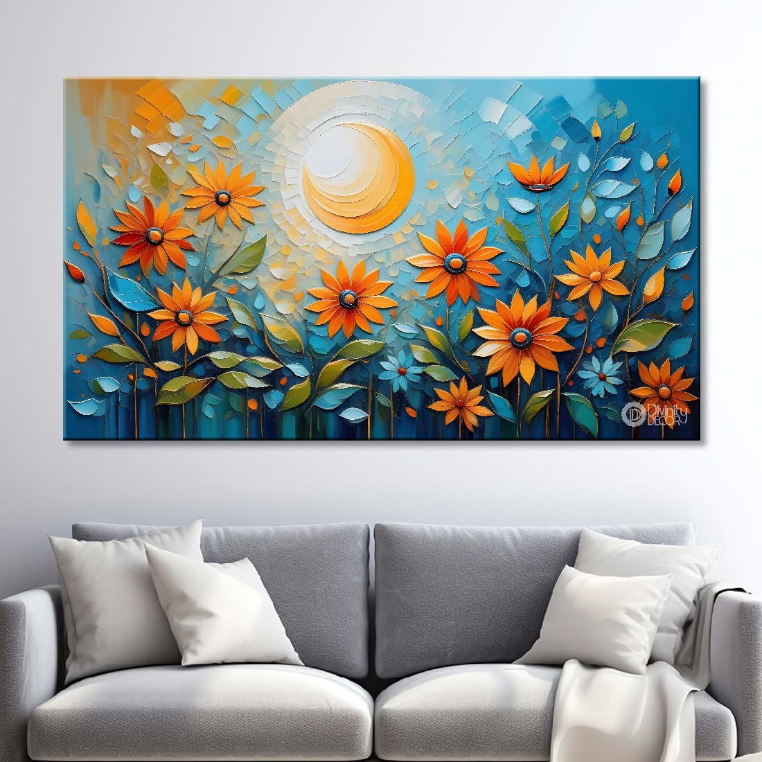 Colorful flowers with blue textured background painting- Design - Flower-100