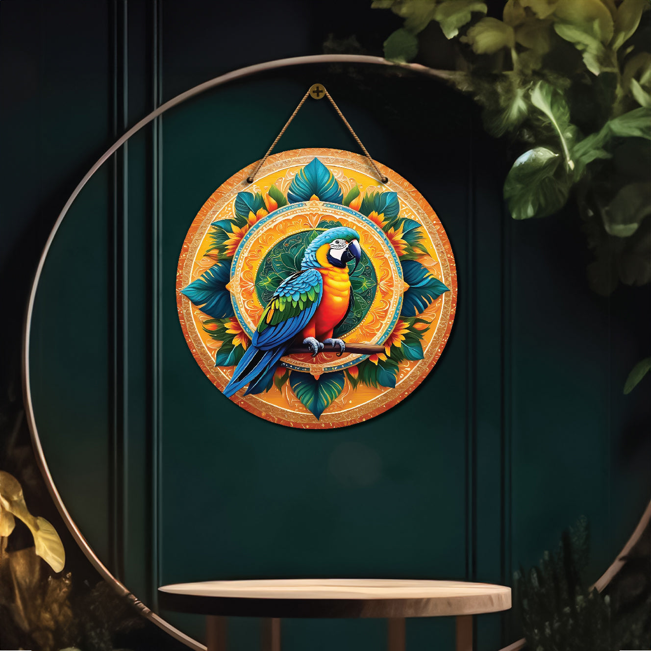 Parrot in green and yellow mandala Round Wooden Wall Hanging for wall Décor - Design - 100