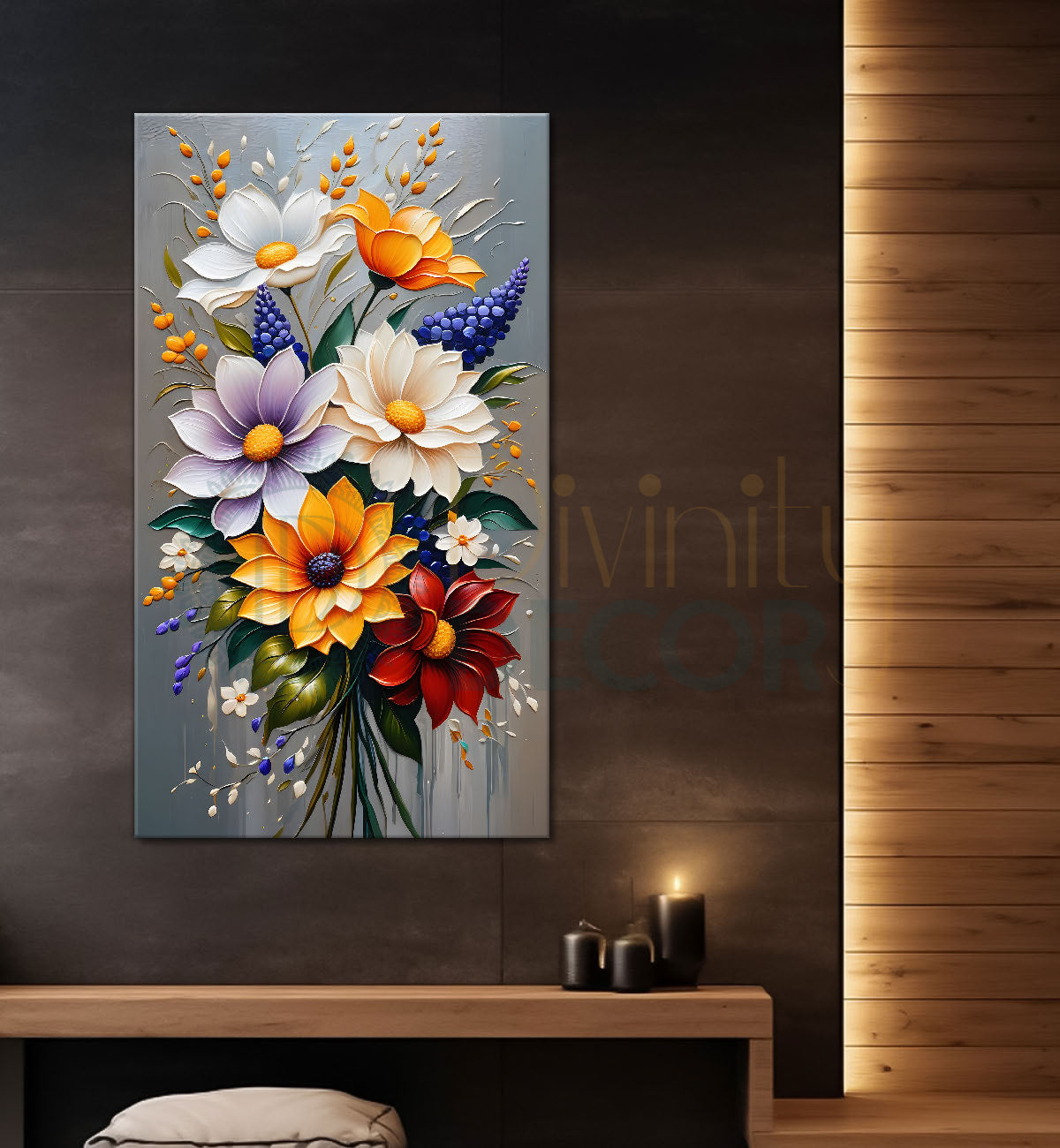 Colourful flowers in grey textured background painting - Flower-V-100