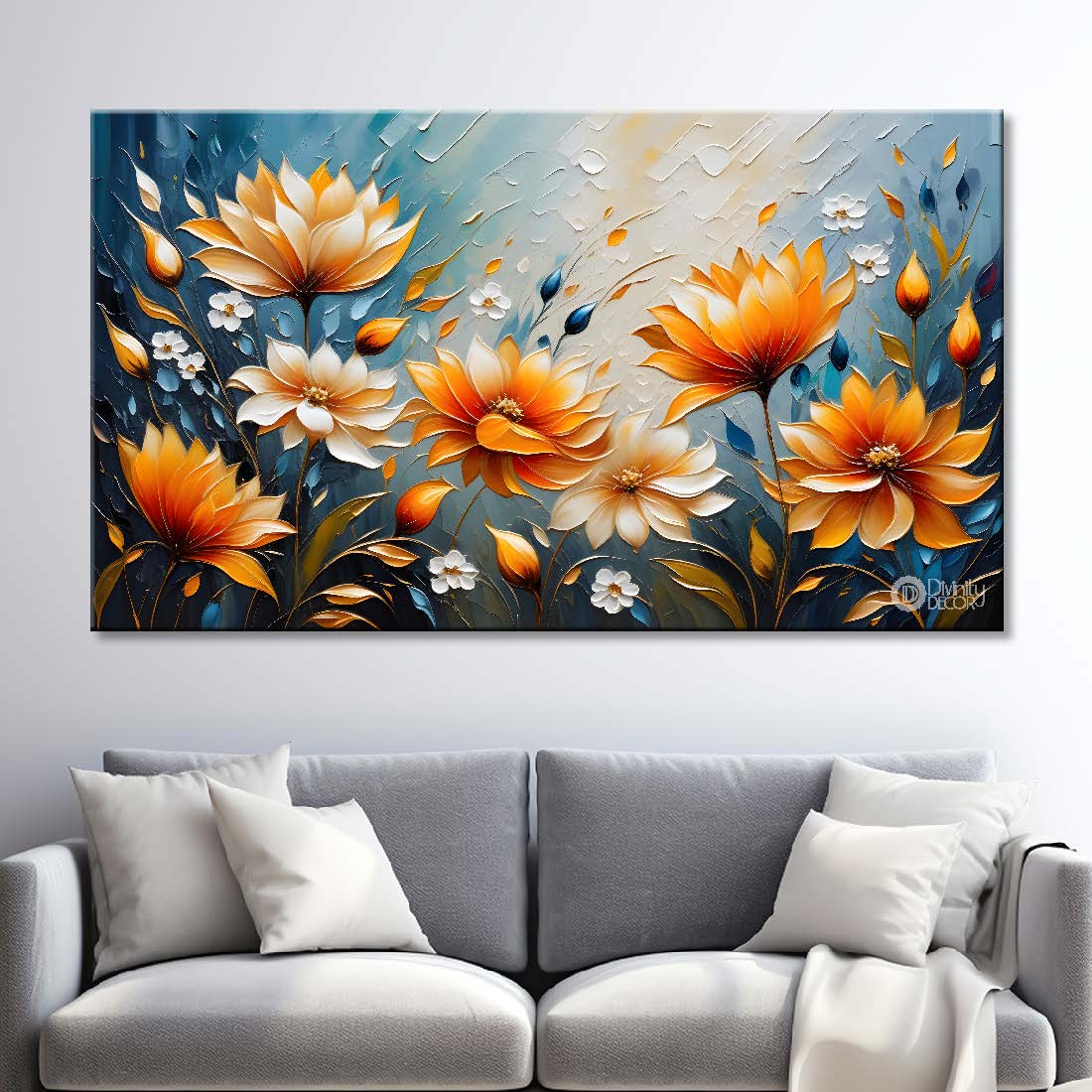 Colorful flowers with blue textured background painting- Design - Flower-101