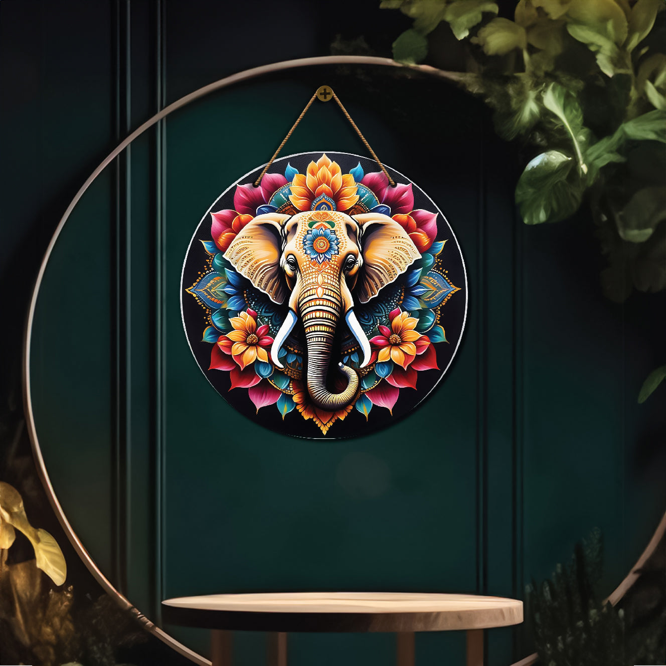 Elephant in floral and black mandala Round Wooden Wall Hanging for wall Décor - Design - 101
