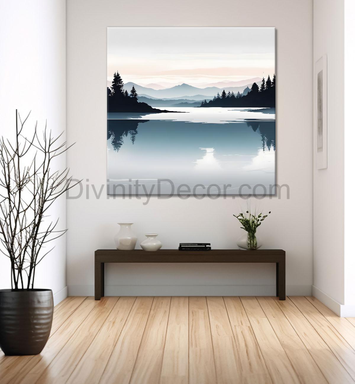 Mountains with river and trees water colour painting  24X24 - Nature Art -S-101