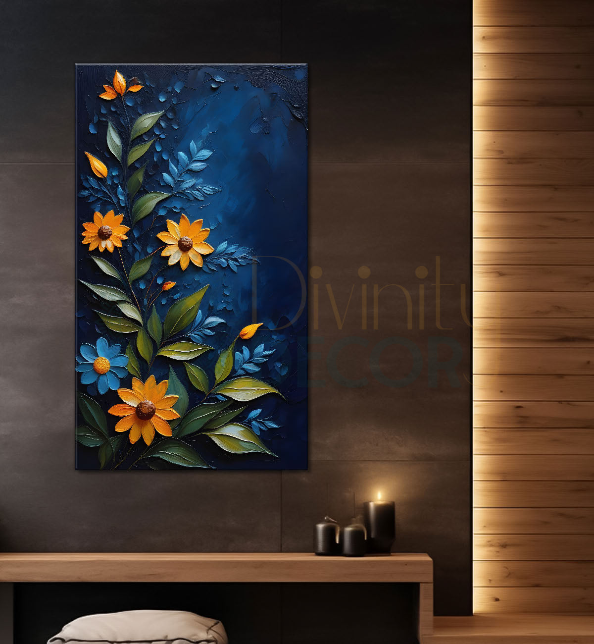Yellow flowers in navy blue textured background painting- Flower-V-101