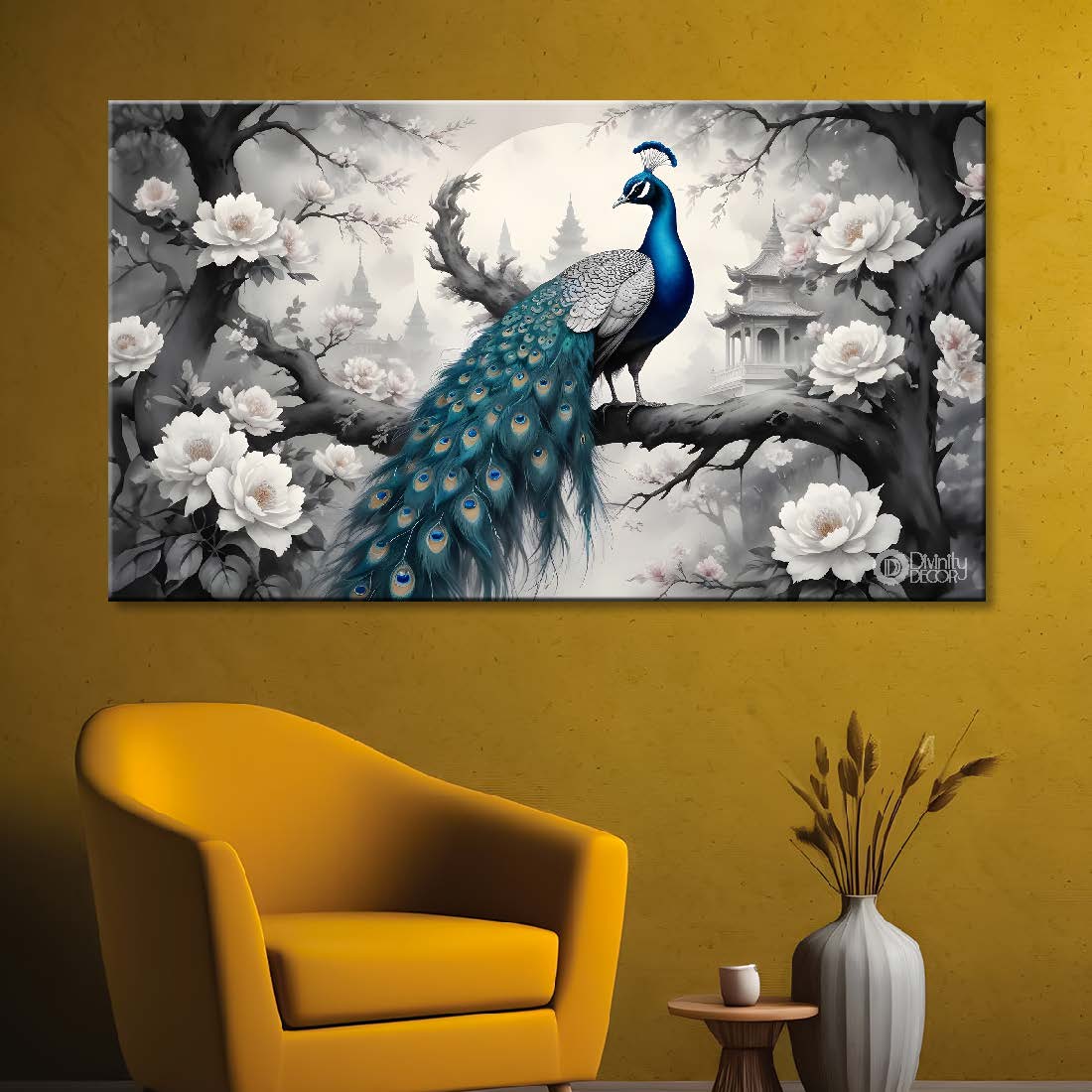 Peacock sitting on the branch with white flowers in fog background textured art. - Design - Animal -101