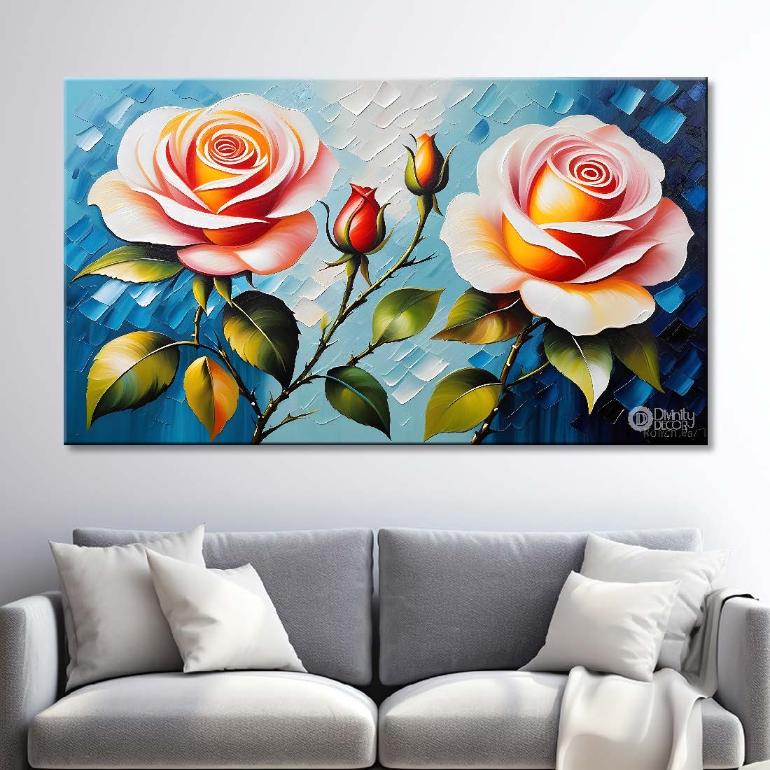 Pink flowers with blue textured background painting- Design - Flower-102