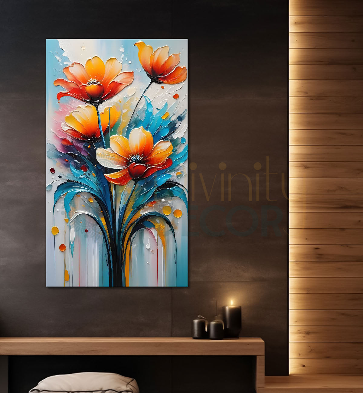 Orange flowers in colourful textured background painting- Flower-V-102