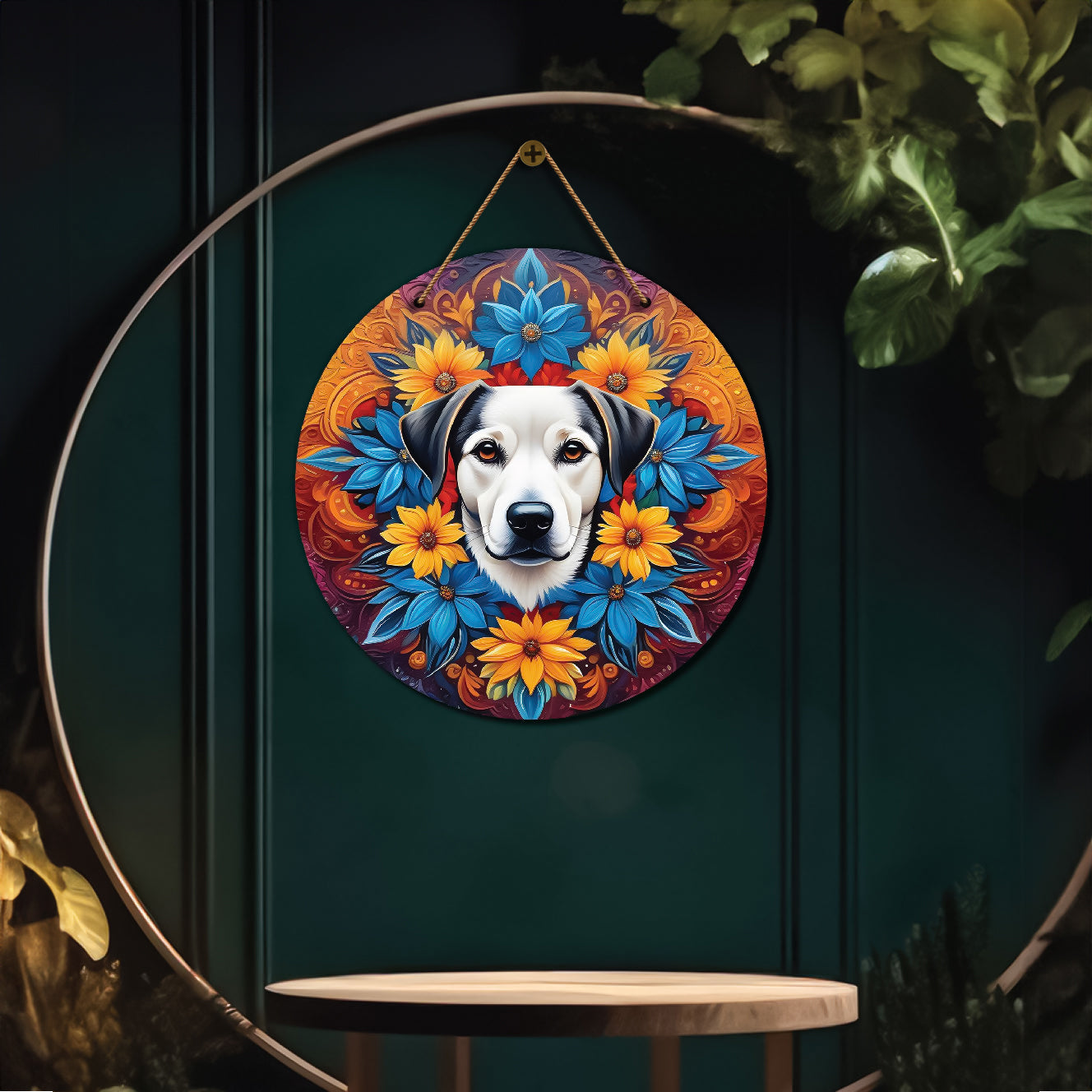 Dog in blue and floral mandala Round Wooden Wall Hanging for wall Décor - Design - 102