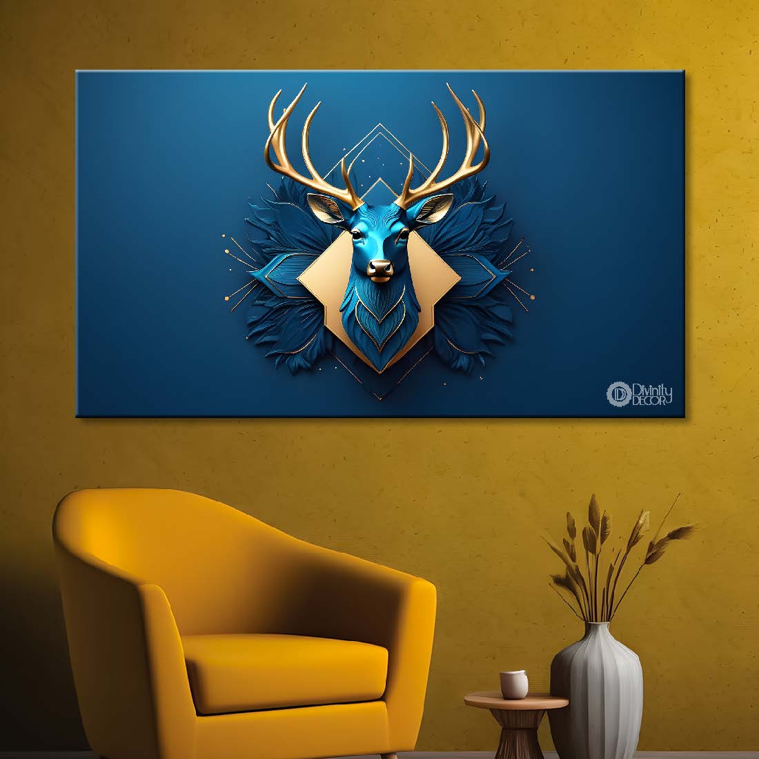 Blue and golden deer with navy blue background textured art.- Design - Animal -102
