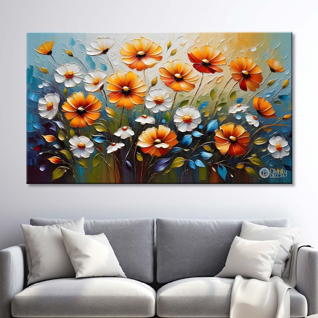 Colorful flowers with blue textured background painting- Design - Flower-103