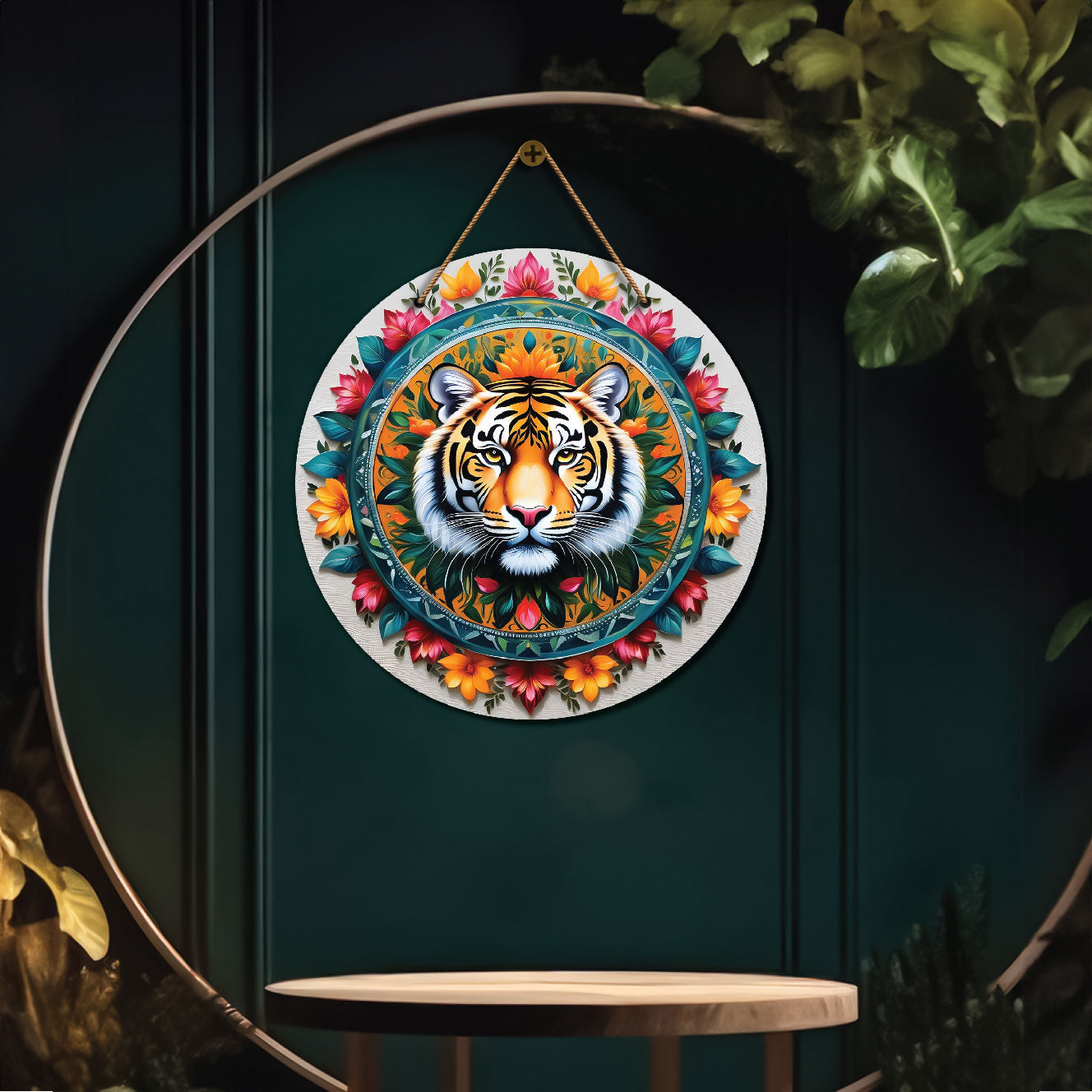 Tiger in green and floral mandala Round Wooden Wall Hanging for wall Décor - Design - 103