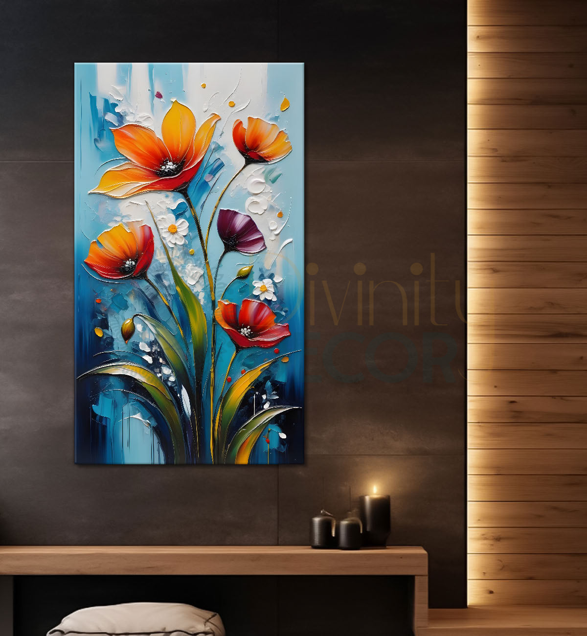 Orange flowers in sky blue textured background painting- Flower-V-103