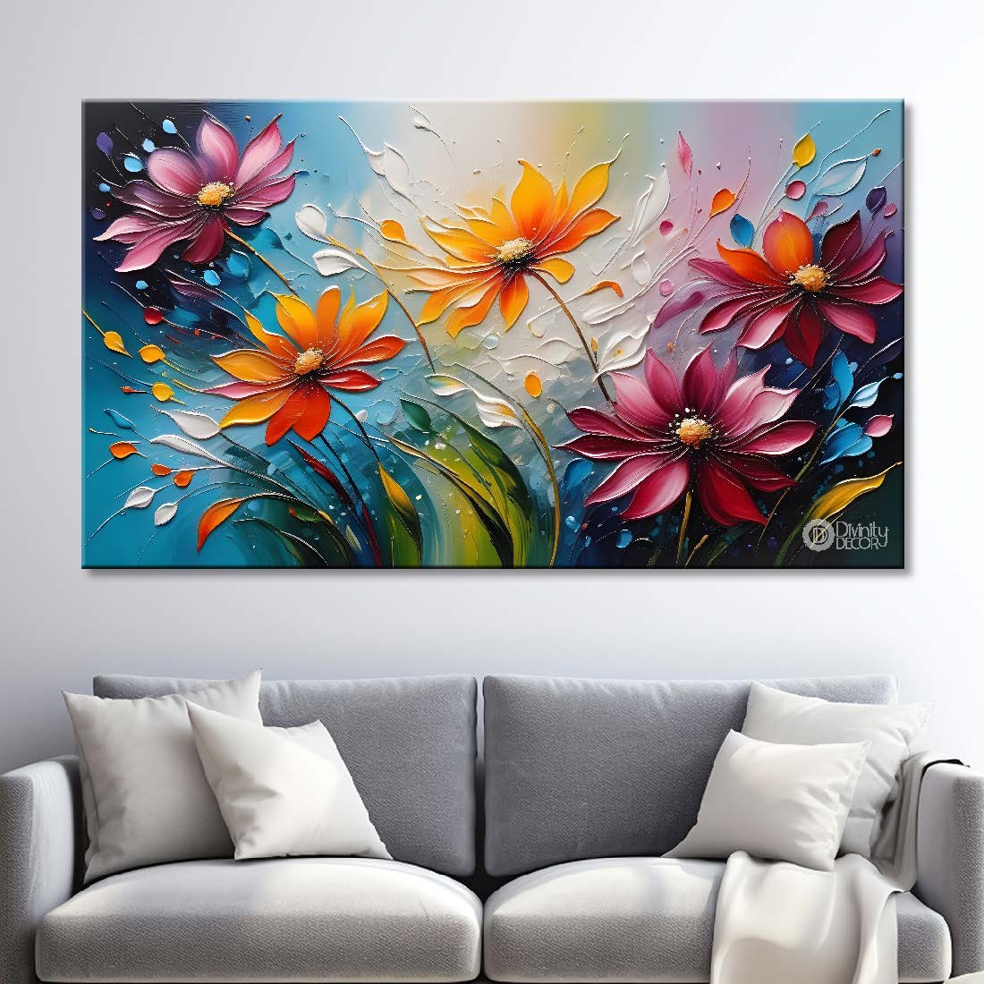 Colorful flowers with blue textured background painting- Design - Flower-104